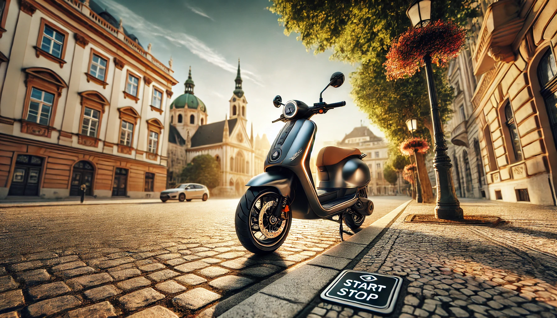 a scooter parked on a cobblestone street